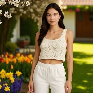White Crochet AZ V-Neckline Cropped White Crochet Women Top One Size